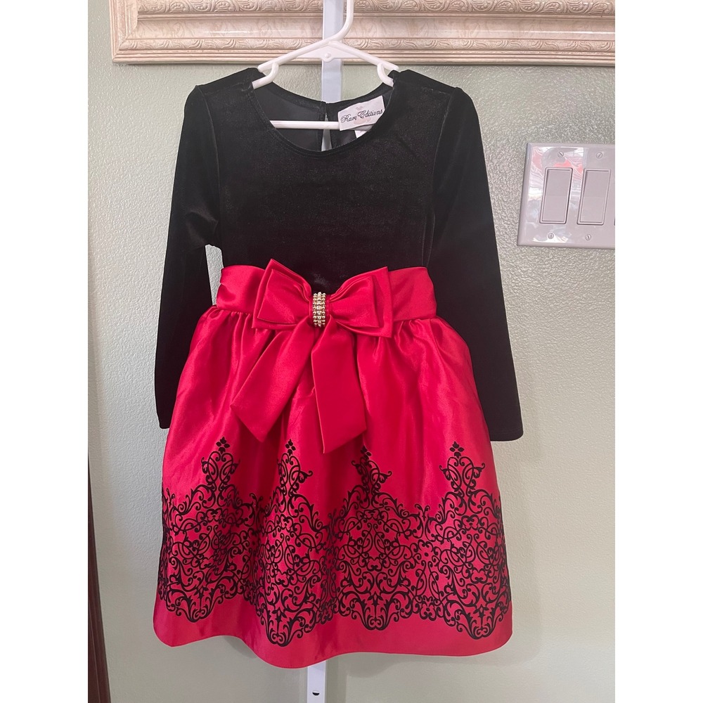 Rare Editions Girl's Black Velvet Red Satin Holiday Christmas Dress Size 5 Used